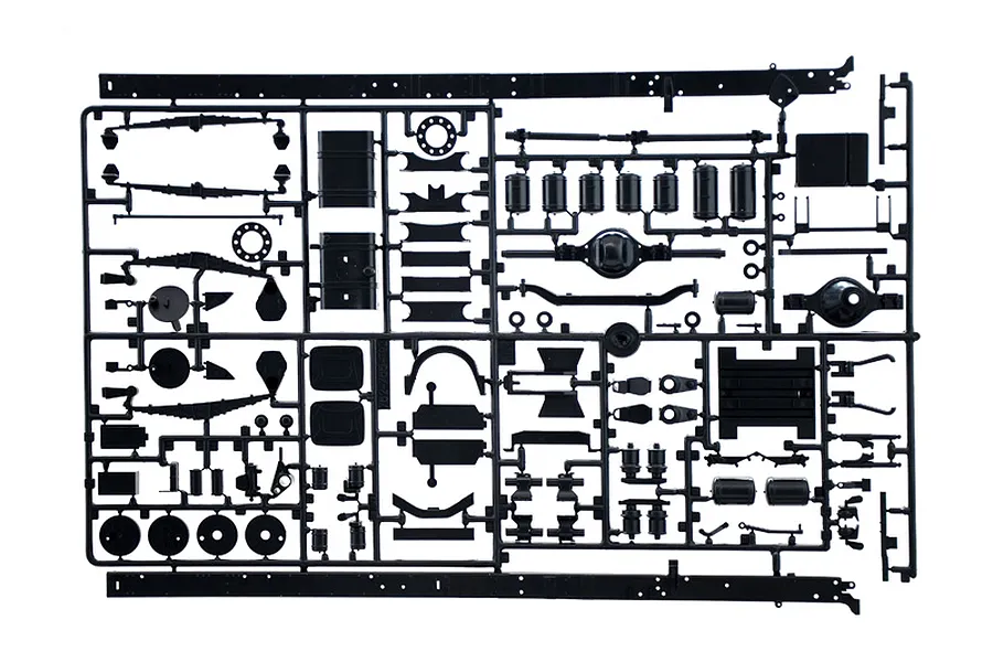 A black plastic model kit sprue containing various truck chassis and suspension parts for an Italeri 1/24 scale Scania model.