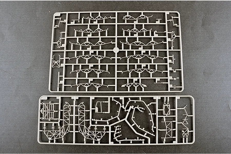 Two grey plastic model kit sprues containing various structural and radar components for a 1/35 scale military model.