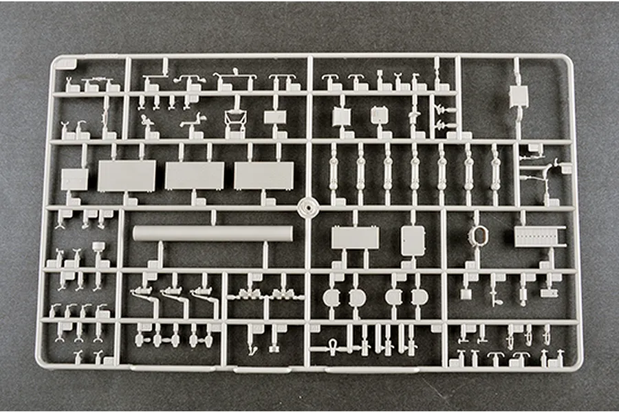A grey plastic sprue containing various small model parts for the Trumpeter 1/35 P-40/1S12 Long Track radar kit.