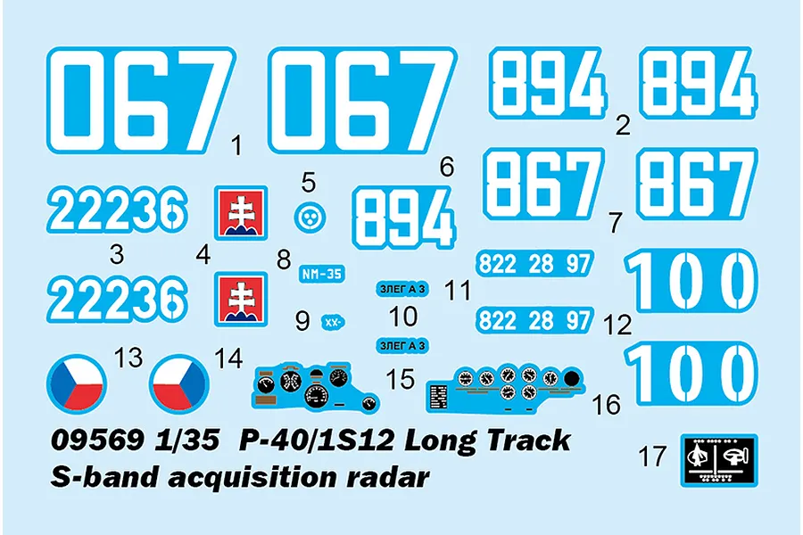 A decal sheet for the Trumpeter 1/35 P-40/1S12 Long Track radar model kit, featuring various numbers, instrument panels, and national insignia.