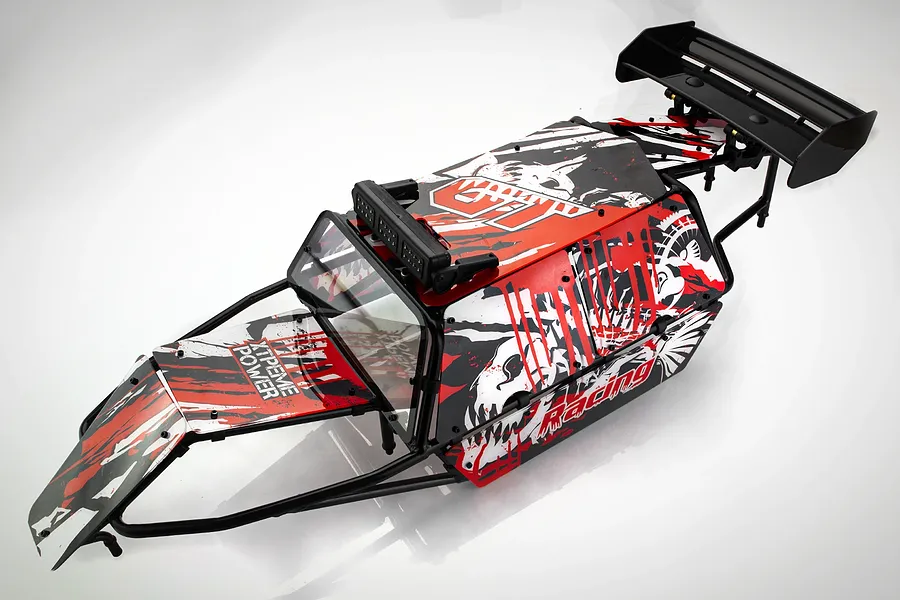 Rovan Black Steel Baja Roll Cage w/ Painted Red Panels, LED Light Bar &amp;amp; Black Rear Wing image 59396