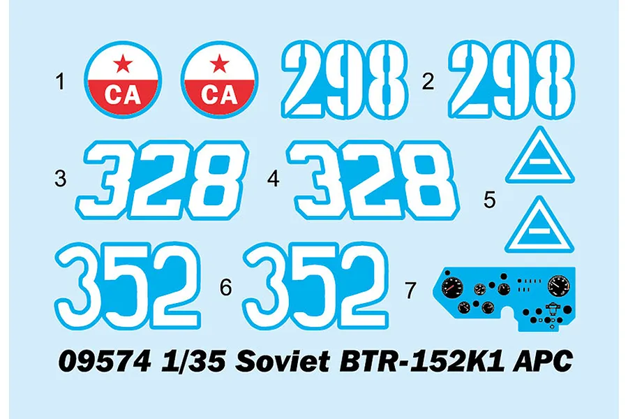A decal sheet for the Trumpeter 1/35 Soviet BTR-152K1 APC model kit, featuring numbers, insignia, and a dashboard instrument panel graphic.