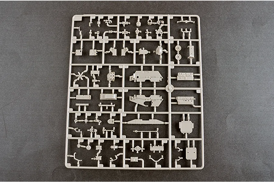 A grey plastic sprue containing various small model parts for the Trumpeter 1/35 Soviet BTR-152K1 APC model kit.