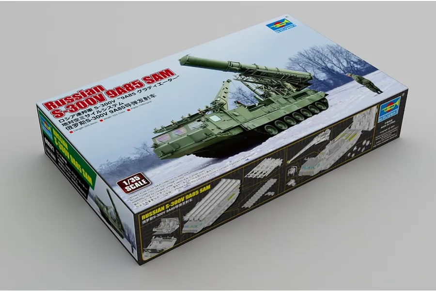 Trumpeter 1/35 scale Russian S-300V 9A85 SAM plastic model kit box showing the military vehicle in a snowy landscape.