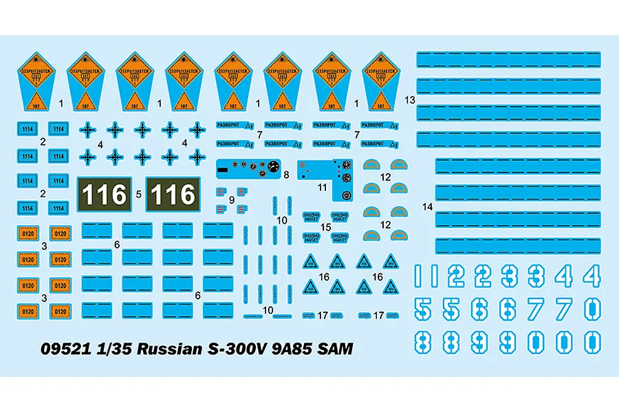 A decal sheet for the Trumpeter 1/35 Russian S-300V 9A85 SAM model kit, featuring various military markings, numbers, and instrument panel details.