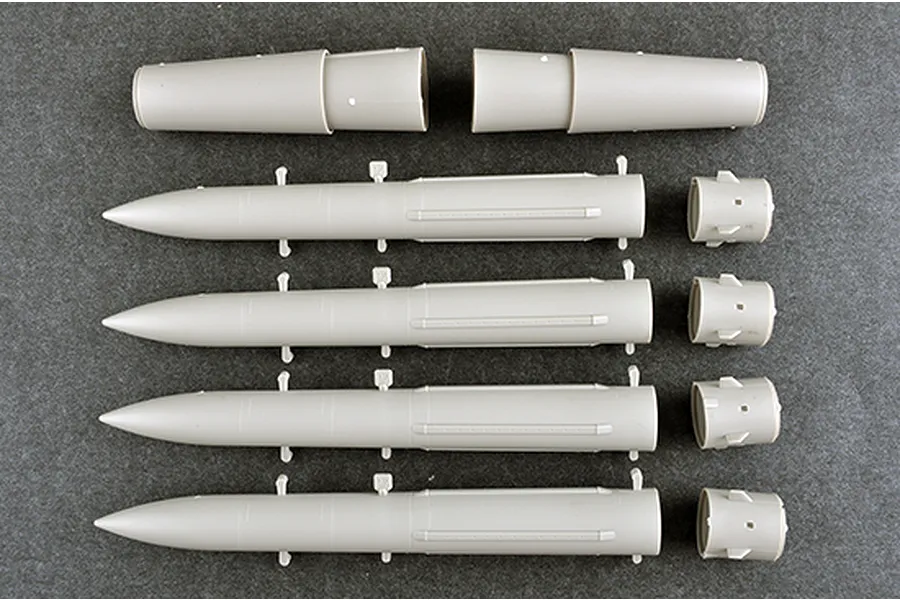Unassembled grey plastic model missile parts for the Trumpeter 1/35 Russian S-300V 9A85 kit.
