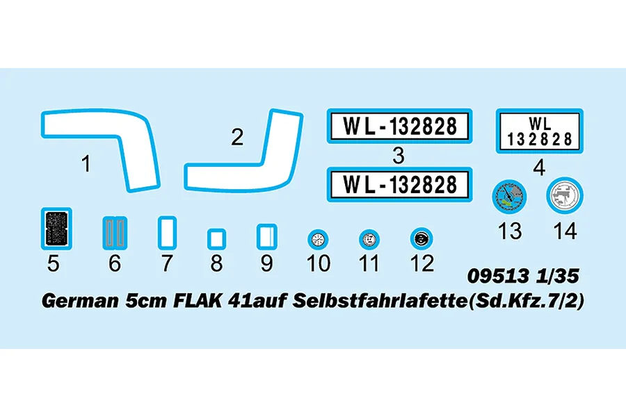 A decal sheet for a 1/35 scale Trumpeter German 5cm FLAK 41 model kit, featuring various markings, license plates, and instrument dials.