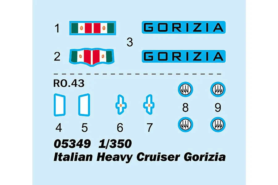 A decal sheet for the Trumpeter 1/350 scale Italian Heavy Cruiser Gorizia model kit, featuring ship name plates, flags, and aircraft markings.