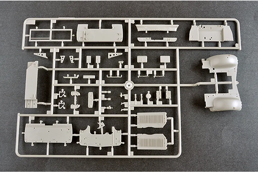 A grey plastic sprue containing various model ship parts for a 1/350 scale Italian Heavy Cruiser Gorizia model kit.
