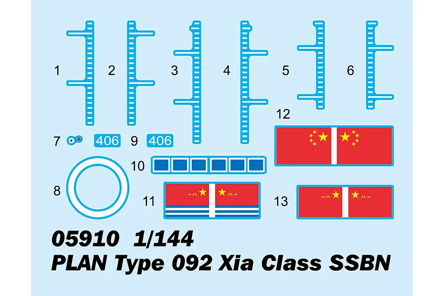 A decal sheet for a 1/144 scale Trumpeter PLAN Type 092 Xia Class SSBN model kit, featuring various markings, flags, and numbers on a light blue background.