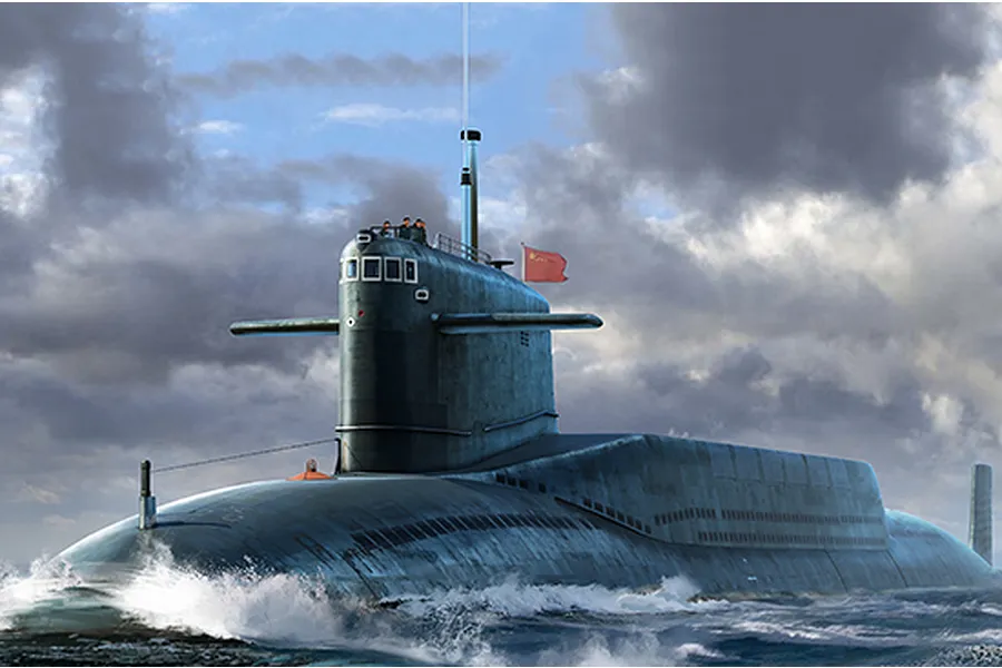 An artistic illustration of a Chinese Type 092 Xia-class submarine sailing through choppy, dark waters under a cloudy sky.