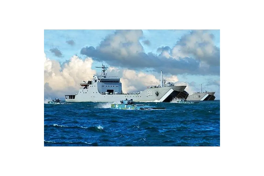 A digital illustration of Chinese Navy Type 72A tank landing ships at sea with amphibious vehicles in the foreground.