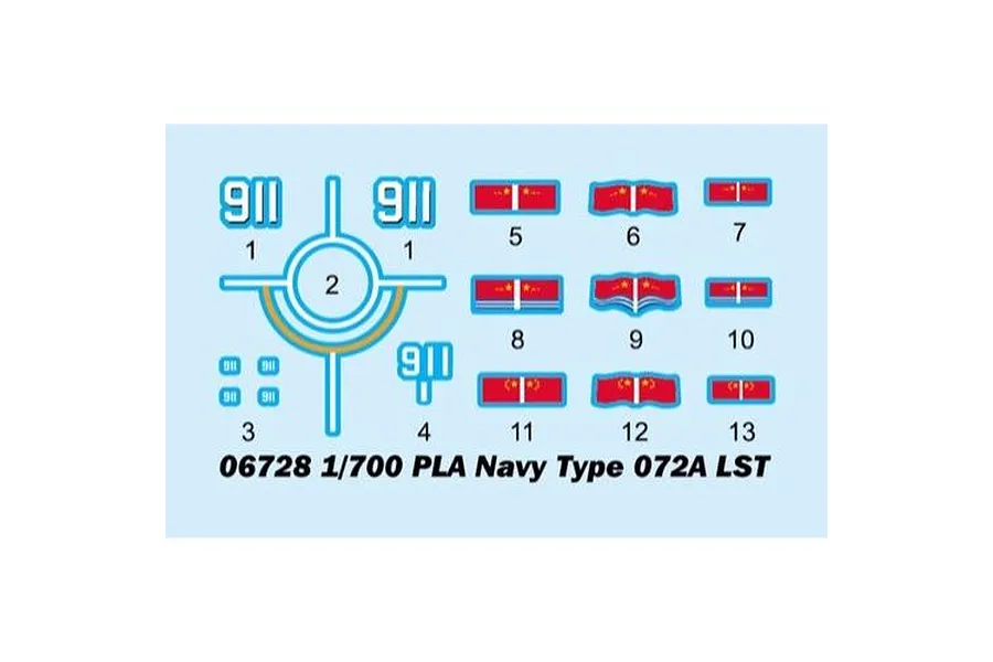 A decal sheet for a 1/700 scale Trumpeter Chinese Navy Type 072A tank landing ship model kit, featuring hull numbers, flags, and markings.