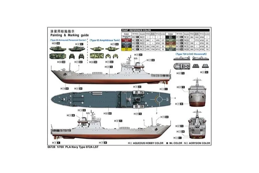 Painting and marking guide for a 1/700 scale Trumpeter Chinese Navy Type 072A tank landing ship model kit.