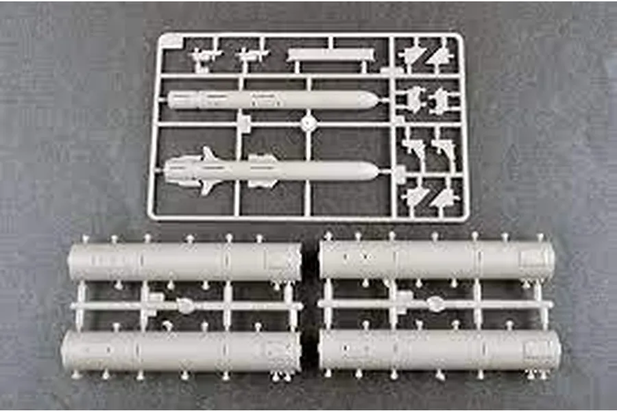 Plastic model kit sprues for the Trumpeter 1/35 3M24 Club-K missile system, showing missile parts and cylindrical container components.