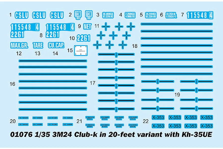 A decal sheet for the Trumpeter 1/35 3M24 Club-K model kit, featuring various shipping container markings, numbers, and stripes on a light blue backing.