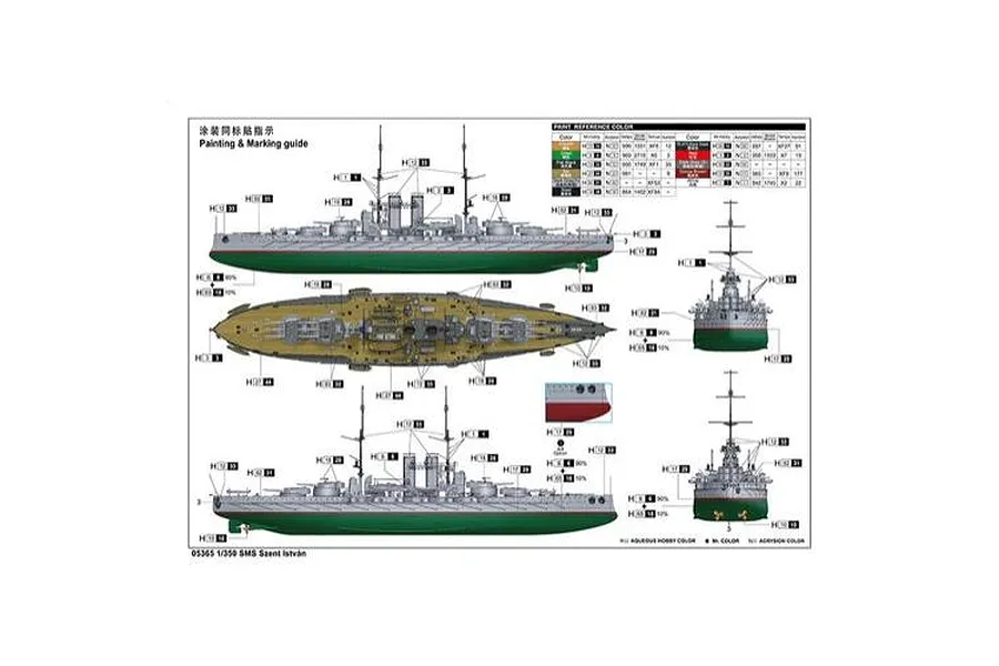 Painting and marking guide for the Trumpeter 1/350 scale SMS Szent Istvan model kit showing side, top, and front views of the battleship.