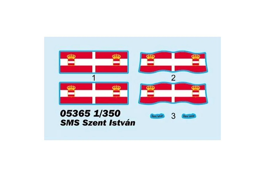 A decal sheet for the Trumpeter 1/350 SMS Szent Istvan model kit, featuring Austro-Hungarian naval flags and name plates.