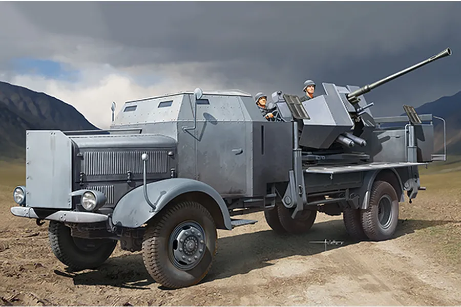Box art illustration of a Trumpeter 1/35 scale L4500A truck mounted with a 3.7cm Flak 37 anti-aircraft gun, featuring two crew members in a desert landscape.