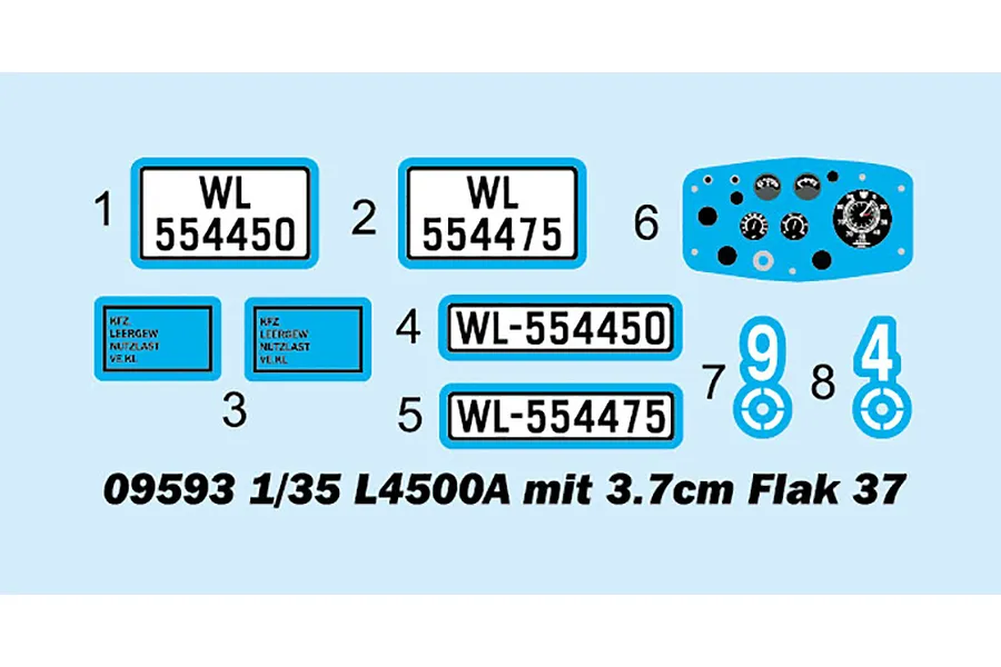 A digital decal sheet for the Trumpeter 1/35 L4500A mit 3.7cm Flak 37 model kit, featuring license plates, dashboard gauges, and identification numbers.