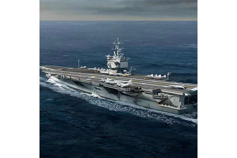 A digital illustration of the USS Enterprise CVN-65 aircraft carrier sailing on the open ocean with fighter jets parked on the flight deck.