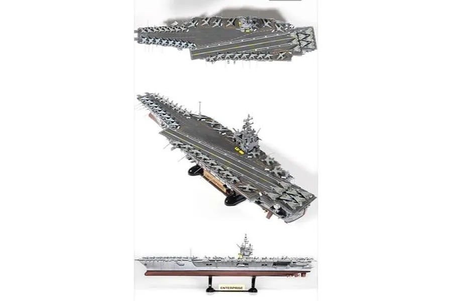 Three views of an assembled Academy 1/600 scale USS Enterprise CVN-65 plastic model aircraft carrier on a display stand.