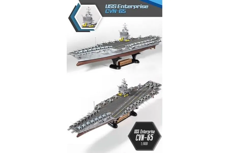 Two views of an assembled 1/600 scale plastic model of the USS Enterprise CVN-65 aircraft carrier on a display stand.