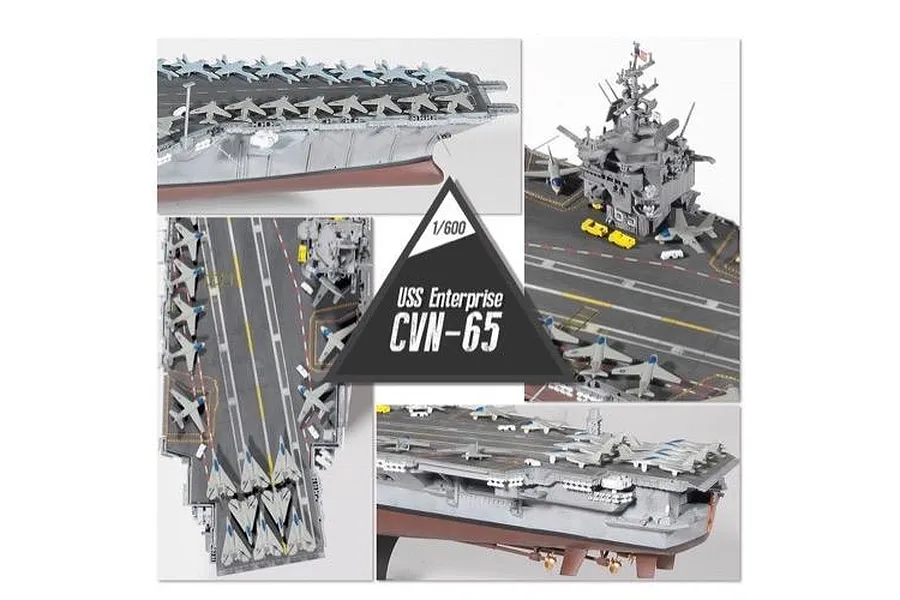A collage of images showing a 1/600 scale plastic model kit of the USS Enterprise CVN-65 aircraft carrier, featuring detailed deck and aircraft.