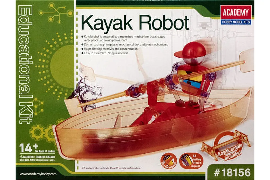 Academy Kayak Robot educational model kit box art showing a red and clear plastic robot figure rowing a kayak.