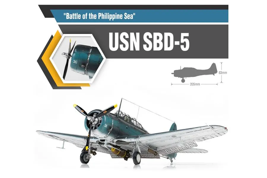 A studio shot of an assembled 1/48 scale Academy USN SBD-5 model aircraft, featuring a blue and silver paint scheme with a bomb mounted underneath.