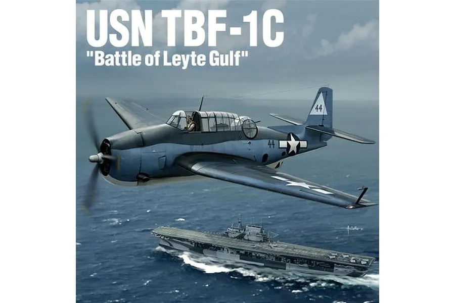 Box art illustration of a USN TBF-1C Avenger bomber flying over an aircraft carrier at sea.