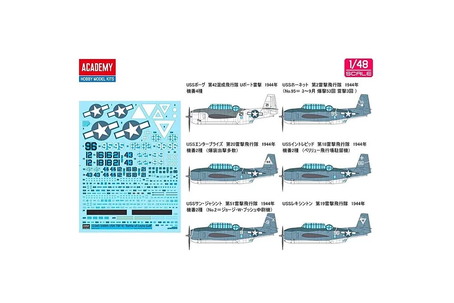 Academy 1/48 scale TBF-1C Avenger decal sheet and marking guide showing various US Navy aircraft liveries from the Battle of Leyte Gulf.