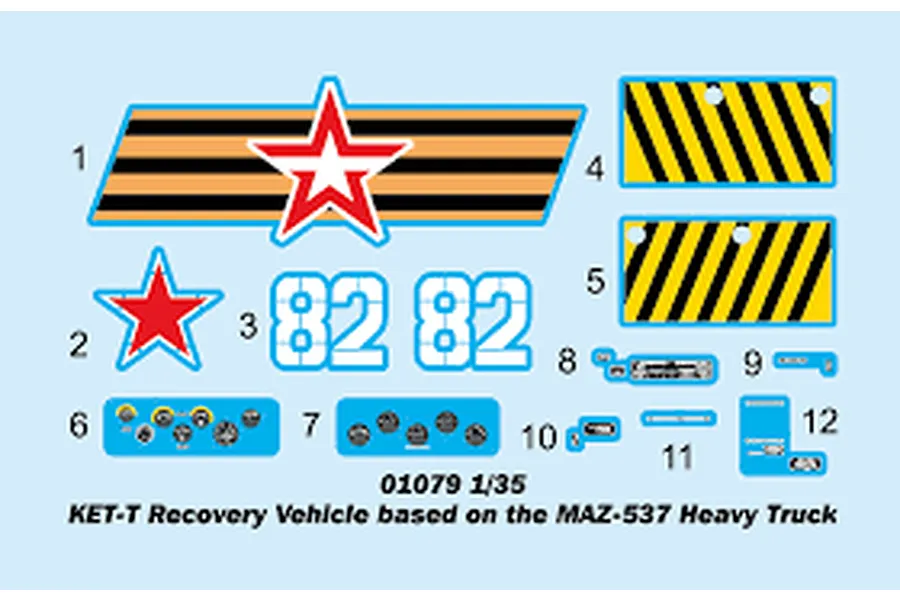 A decal sheet for the Trumpeter 1/35 KET-T Recovery Vehicle model kit, featuring red stars, hazard stripes, and instrument panel decals.