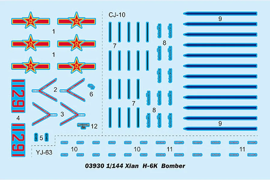 A decal sheet for the Trumpeter 1/144 scale Xian H-6K Strategic Bomber model kit, featuring various military insignia, numbers, and markings.
