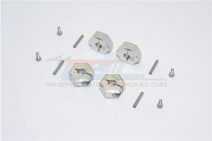 Four silver aluminium 14mm wheel hex adapters with pins and screws on a white background.