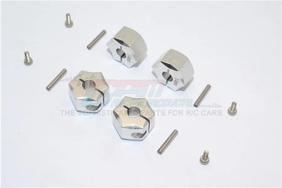 Four silver GPM Racing 14mm aluminium wheel hex adapters with pins and screws on a white background.