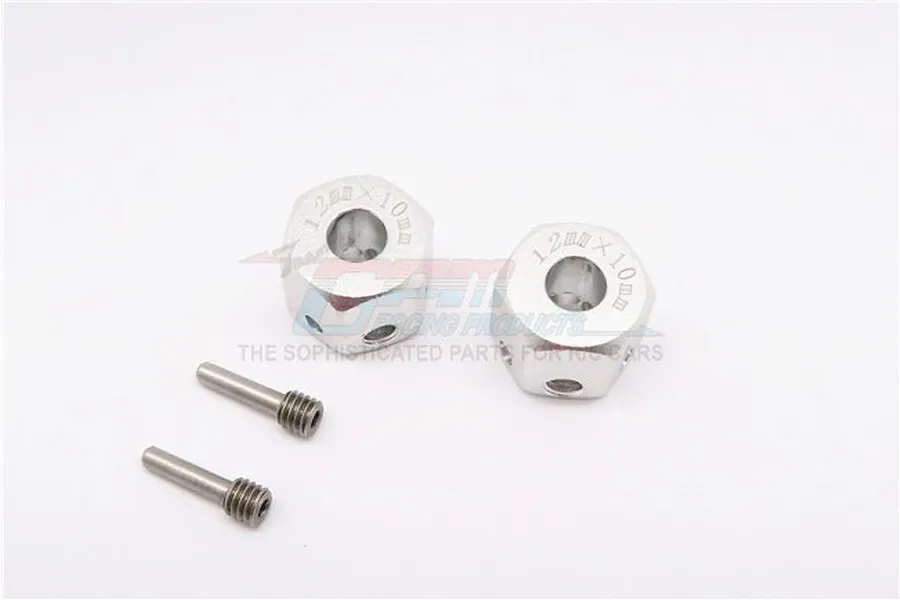 Two silver GPM Racing 12mm wheel hex adapters with 10mm extension and two matching metal pins on a white background.