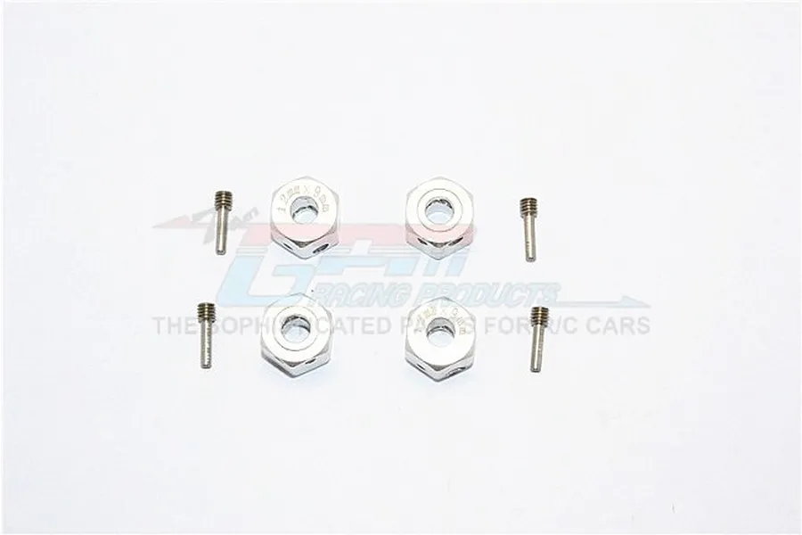 Four silver aluminium 12mm wheel hex adapters with 9mm extension and four matching pins on a white background.