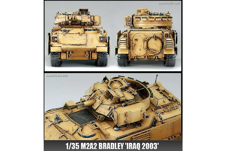 A composite image showing front, rear, and top-down views of a painted 1/35 scale Academy M2A2 Bradley plastic model tank in desert camouflage.