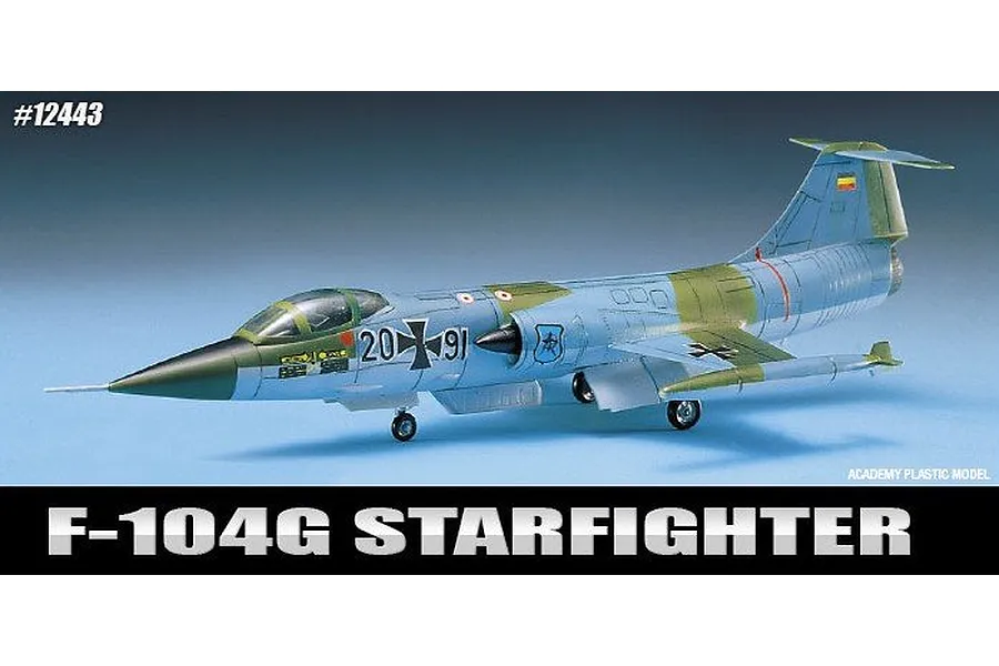 A side profile view of an assembled and painted 1/72 scale Academy F-104G Starfighter model aircraft on a blue background.