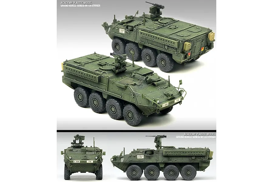 Multiple views of an assembled and painted 1/72 scale Academy M1126 Stryker model kit, showing the olive green armoured vehicle from various angles.