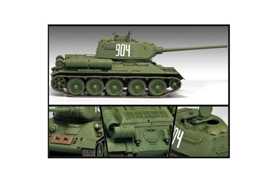 A side profile and close-up detail shots of an assembled and painted 1/35 scale T-34/85 tank model kit in olive green with the number 904 on the turret.