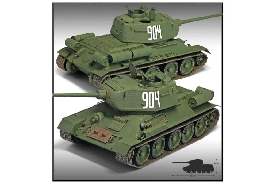 Two views of an assembled and painted 1/35 scale Academy T-34/85 tank model, featuring olive green paint and the number 904 on the turret.
