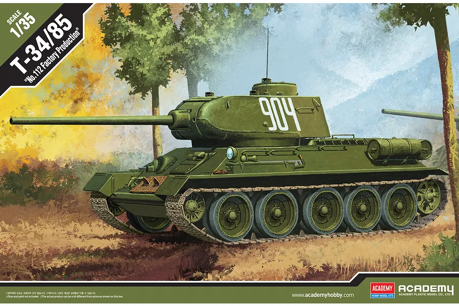 Box art for an Academy 1/35 scale T-34/85 No.112 Factory Production tank plastic model kit, featuring an illustration of the tank in a field.