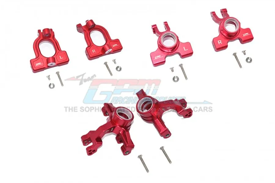 A set of red anodized aluminium RC car suspension parts including front C-hubs, steering hubs, and rear hubs with associated screws and hardware.