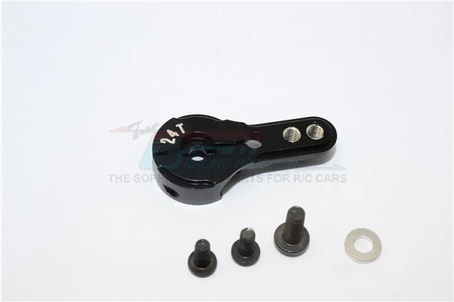 A black aluminium 24T servo horn from GPM Racing, shown with three small black screws and a silver washer on a white background.