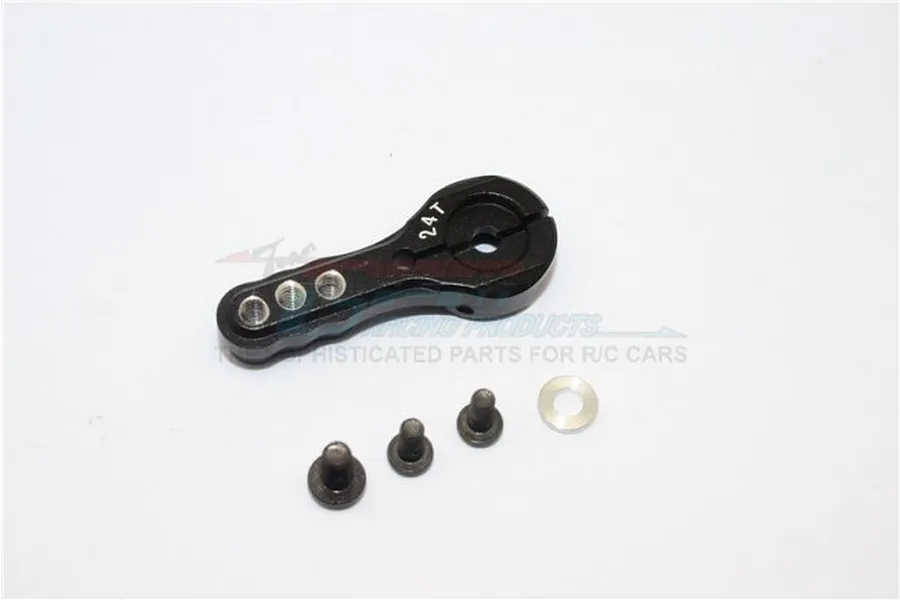 A black aluminium 24T servo horn from GPM Racing, shown with three small black screws and a silver washer on a white background.