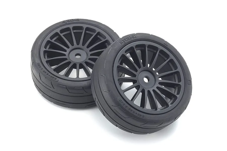 Kyosho 2.5&amp;quot; Grooved Rubber Touring Car Tyres on Black Rims - Glued Wheels 2Pcs image 60129