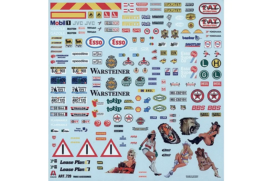 A sheet of waterslide decals for 1/24 scale truck models, featuring various brand logos, license plates, warning signs, and illustrations of women and animals.