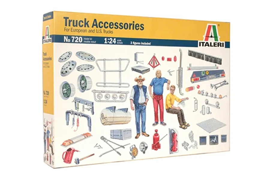 Italeri 1/24 scale Truck Accessories plastic model kit box showing various truck parts and three figures.